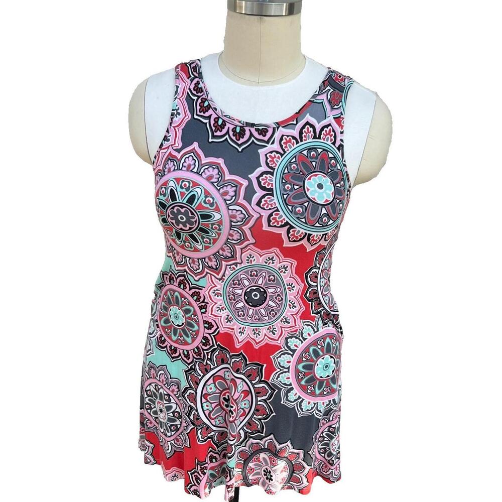 Bishuige - Women's L Dress Sleeveless 60's Mandala Retro Print Spandex Shift - Picture 2 of 8